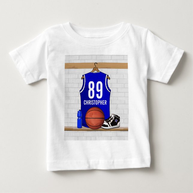 Personalized Blue and White Basketball Jersey Baby T-Shirt (Front)