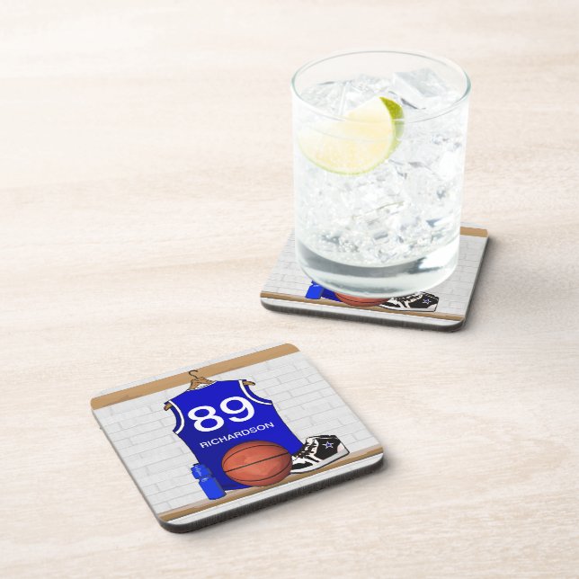 Personalized Blue and White Basketball Jersey Beverage Coaster (Right Side)