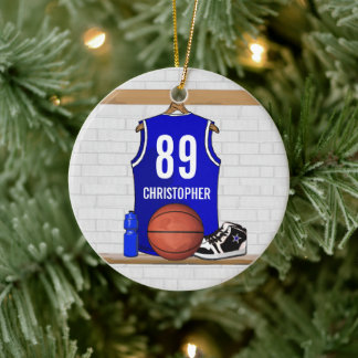 Personalized Blue and White Basketball Jersey Ceramic Ornament