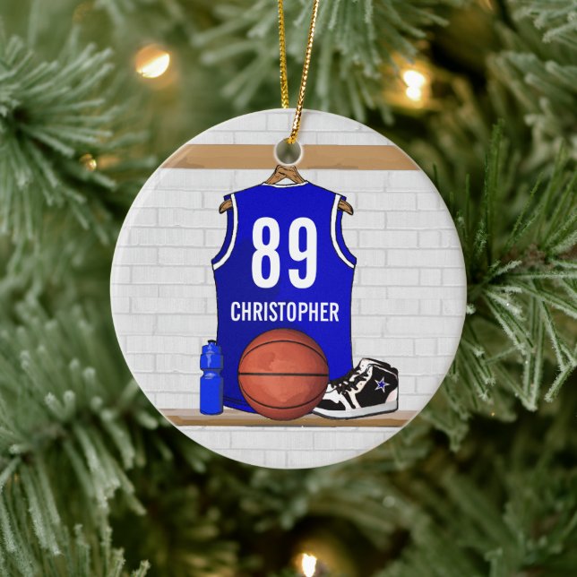 Personalized Blue and White Basketball Jersey Ceramic Ornament (Tree)