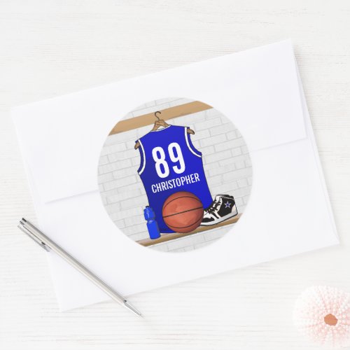 Personalized Blue and White Basketball Jersey Classic Round Sticker