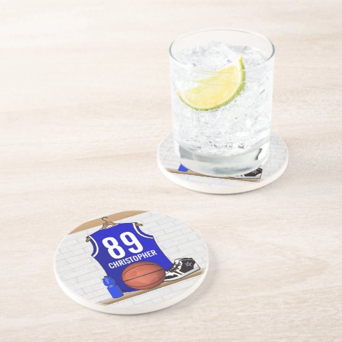 Personalized Blue and White Basketball Jersey Coaster