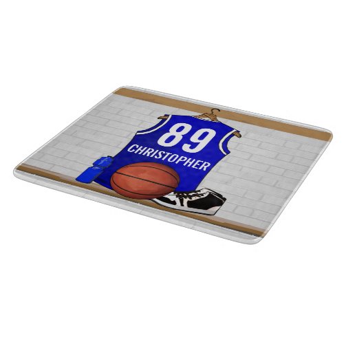 Personalized Blue and White Basketball Jersey Cutting Board