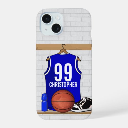 Personalized Blue and White Basketball Jersey iPhone 15 Case