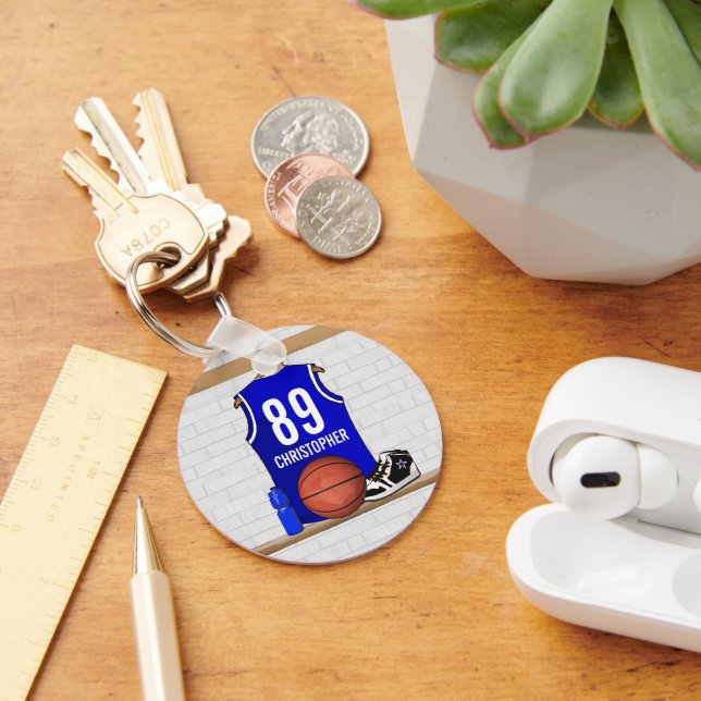 Personalized Blue and White Basketball Jersey Keychain (Desk)