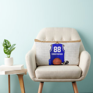 Personalized Blue and White Basketball Jersey Lumbar Pillow
