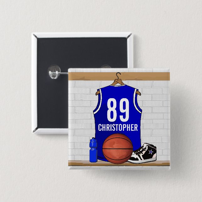 Personalized Blue and White Basketball Jersey Pinback Button (Front & Back)