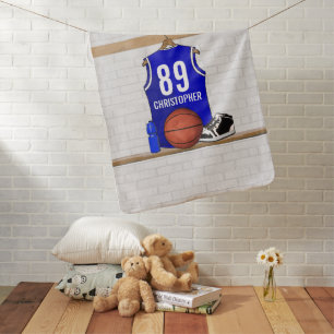 Personalized Blue and White Basketball Jersey Stroller Blanket