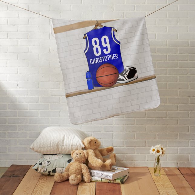 Personalized Blue and White Basketball Jersey Stroller Blanket (In Situ)