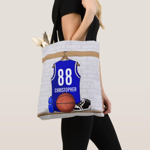 Personalized Blue and White Basketball Jersey Tote Bag