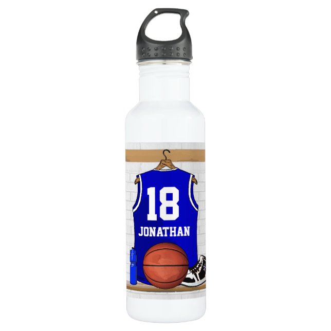 Personalized Blue and White Basketball Jersey Water Bottle (Front)