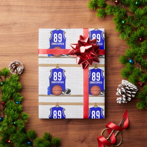 Personalized Blue and White Basketball Jersey Wrapping Paper