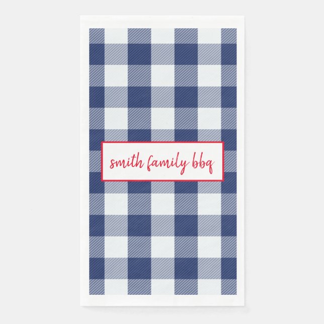 Personalized Blue and White Buffalo Plaid Paper Guest Towels (Front)