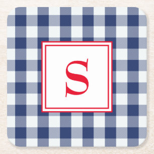 Personalized Blue and White Buffalo Plaid Square Paper Coaster