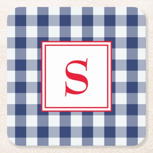 Personalized Blue and White Buffalo Plaid Square Paper Coaster
