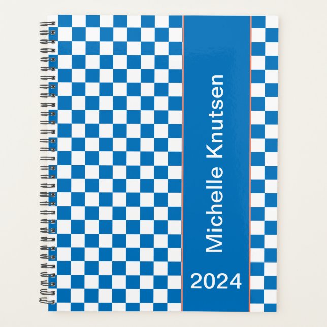 Personalized  blue and white  Checkered 2024 Planner (Front)