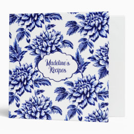 Personalized Blue and White Dahlia Flowers 3 Ring Binder