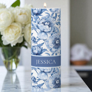 Personalized Blue and White Elegant Floral Pattern Pillar Candle