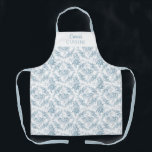 Personalized Blue and White Engraved Floral Apron<br><div class="desc">Timelessly elegant vintage-inspired blue roses and vines embellished with ornamental scrolls and shell motifs. Features customizable blank element and editable text fields. Strap color is customizable.</div>