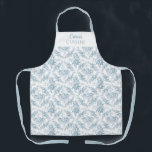 Personalized Blue and White Engraved Floral Apron<br><div class="desc">Timelessly elegant vintage-inspired blue roses and vines embellished with ornamental scrolls and shell motifs. Features customizable blank element and editable text fields. Strap color is customizable.</div>