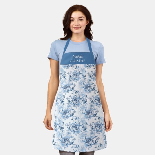 Personalized Blue and White Engraved Peonies Apron