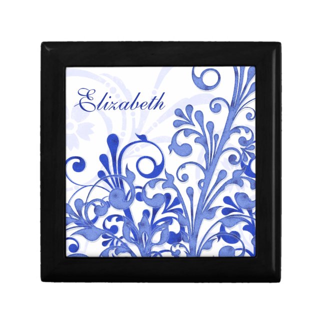 Personalized Blue and White Floral Jewelry Box (Front)