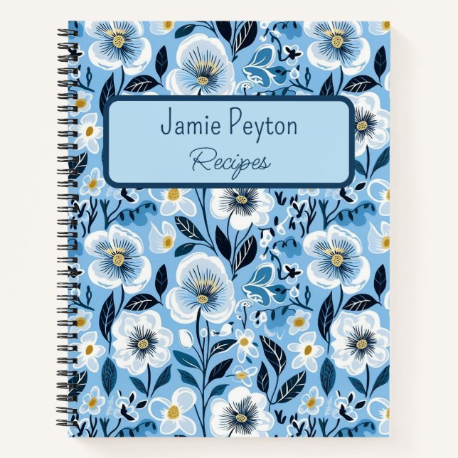 Personalized Blue and White Floral Recipe Book (Front)