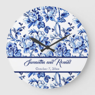 Personalized Blue and White Floral Toile Wedding Large Clock