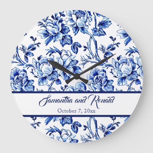Personalized Blue and White Floral Toile Wedding Large Clock (Front)