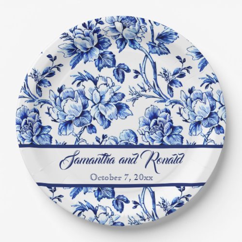 Personalized Blue and White Floral Toile Wedding Paper Plates