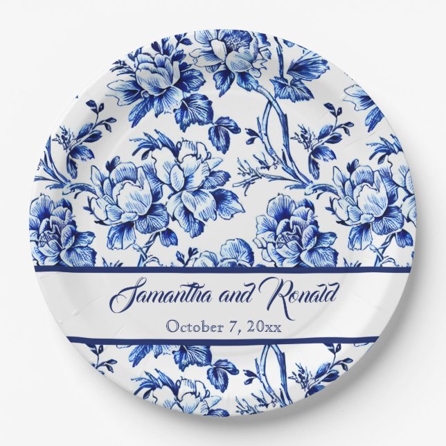 Personalized Blue and White Floral Toile Wedding Paper Plates (Front)
