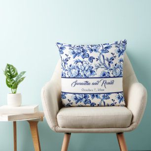 Personalized Blue and White Floral Toile Wedding Throw Pillow