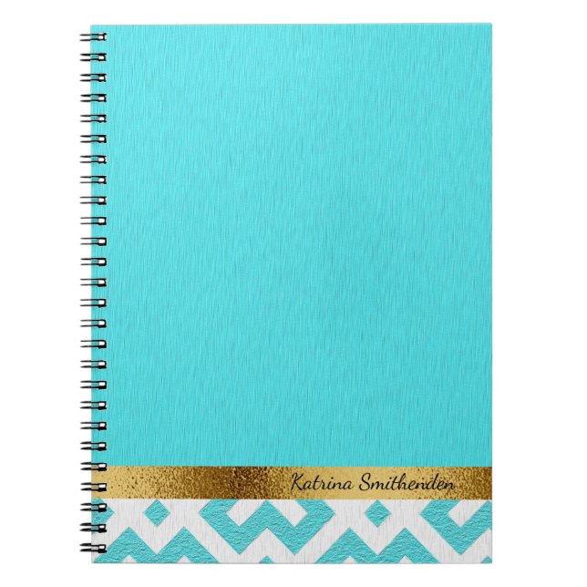 Personalized Blue and White Geometric and Gold Notebook (Front)