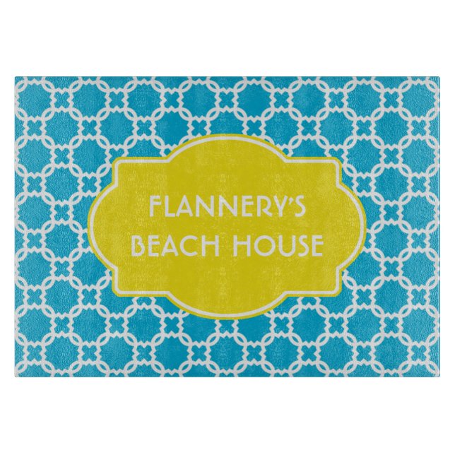 Personalized Blue and White Glass Cutting Board (Front)