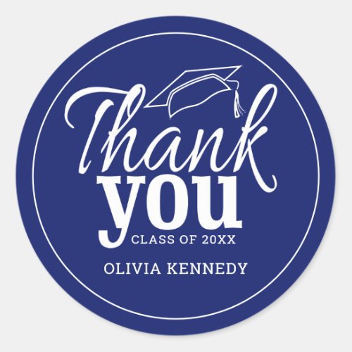 Personalized Blue And White Graduation Thank You Classic Round Sticker