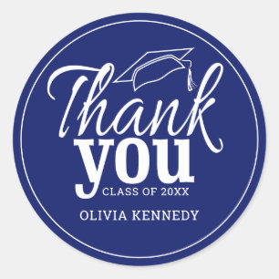 Personalized Blue And White Graduation Thank You Classic Round Sticker