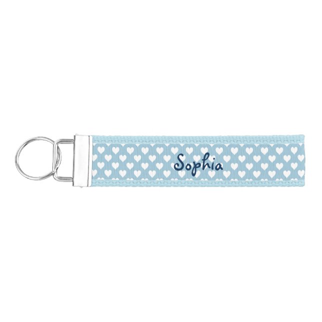 Personalized Blue and White Heart Pattern Wrist Keychain (Keys on Left)