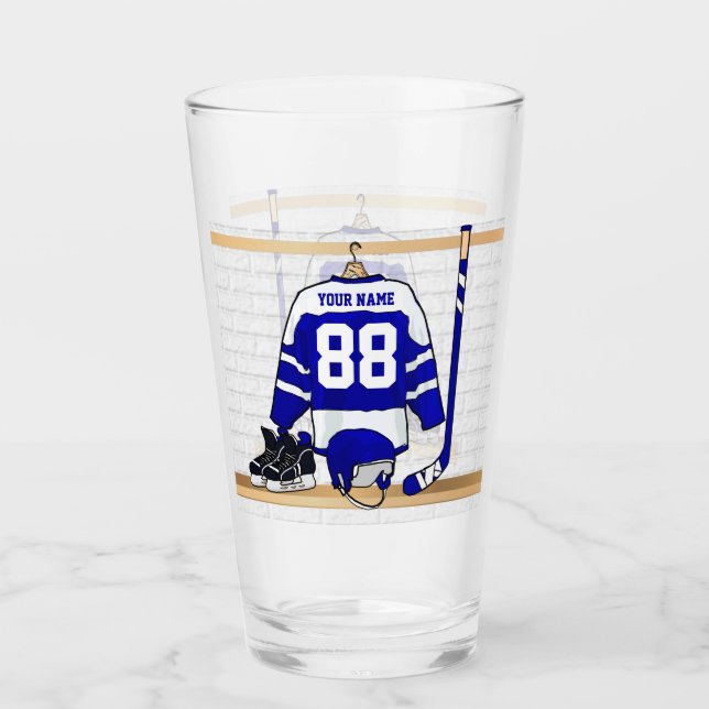 Personalized Blue and White Ice Hockey Glass (Front)