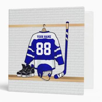 Personalized Blue And White Ice Hockey Jersey 3 Ring Binder by giftsbonanza at Zazzle