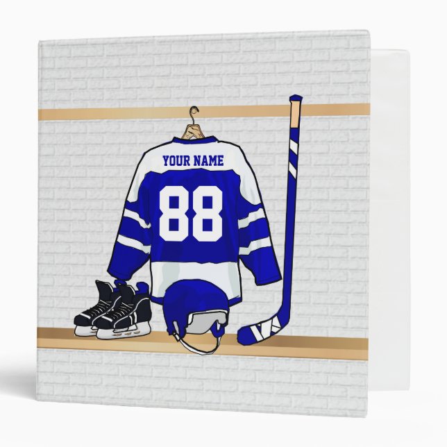 Personalized Blue and White Ice Hockey Jersey 3 Ring Binder (Front/Inside)