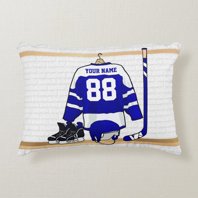 Personalized Blue and White Ice Hockey Jersey Accent Pillow (Front)