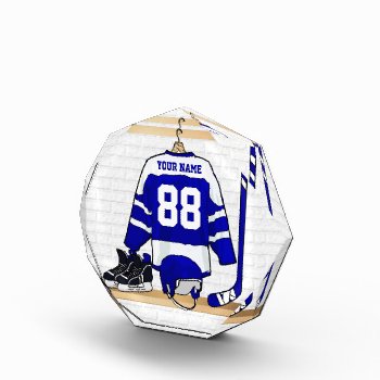 Personalized Blue And White Ice Hockey Jersey Acrylic Award by giftsbonanza at Zazzle