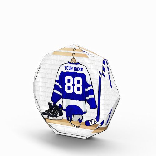 Personalized Blue and White Ice Hockey Jersey Acrylic Award
