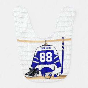 Personalized Blue and White Ice Hockey Jersey Baby Bib