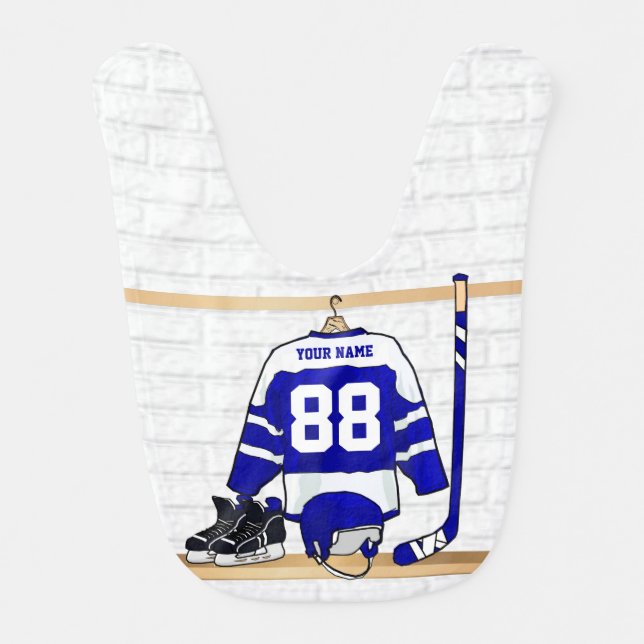 Personalized Blue and White Ice Hockey Jersey Baby Bib (Front)