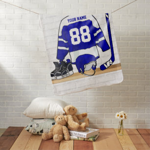 Personalized Blue and White Ice Hockey Jersey Baby Blanket