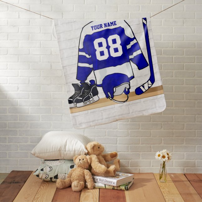 Personalized Blue and White Ice Hockey Jersey Baby Blanket (In Situ)
