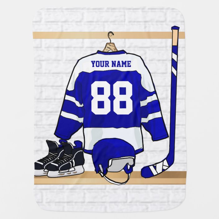 Personalized Blue and White Ice Hockey Jersey Baby Blanket