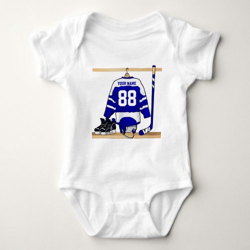 Personalized Blue and White Ice Hockey Jersey Baby Bodysuit