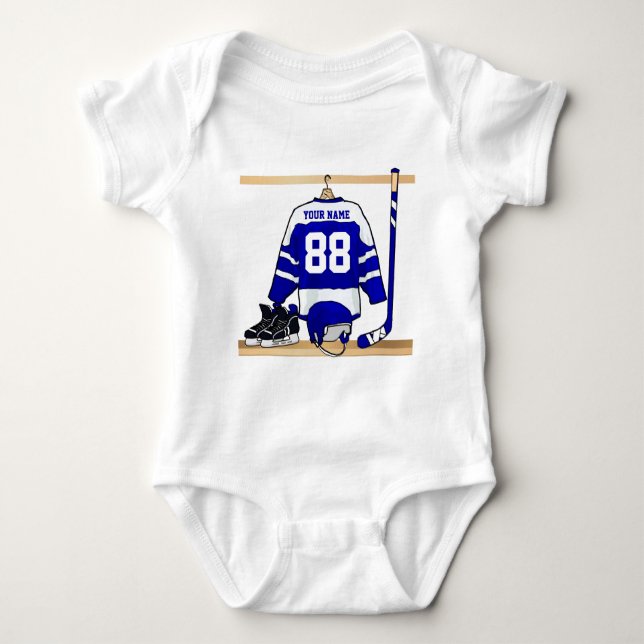 Personalized Blue and White Ice Hockey Jersey Baby Bodysuit (Front)